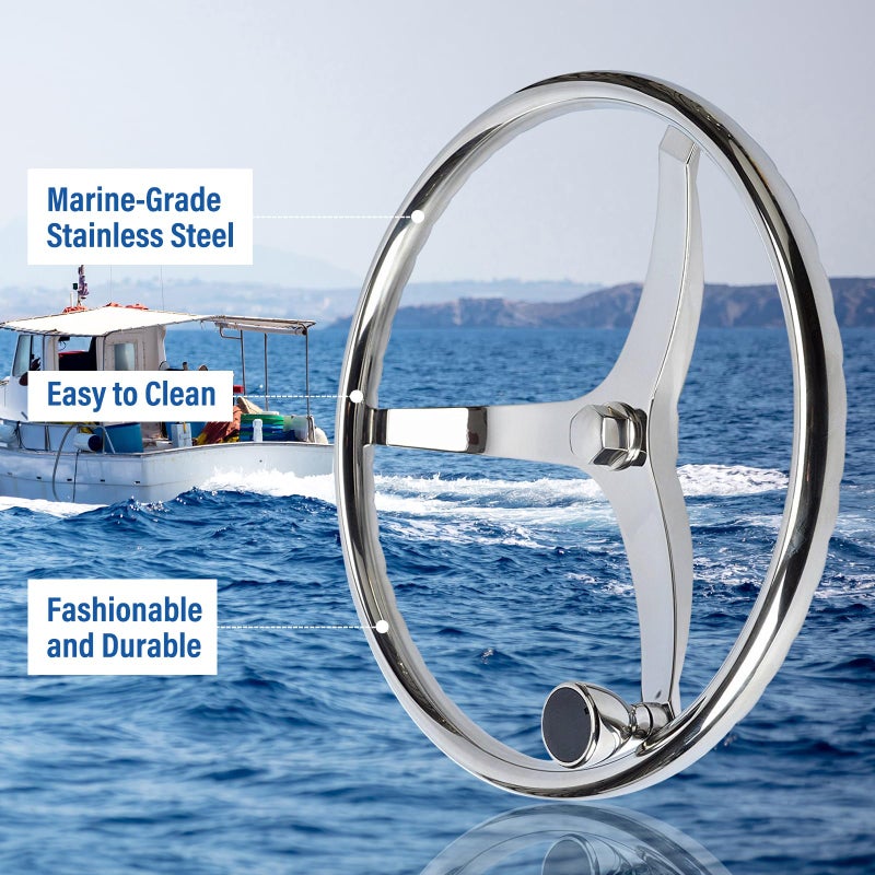 Amarine Made Stainless Steel Boat Steering Wheel 3 Spoke 13-1/2 Inch Dia, Marine Steering Wheel for Seastar and Verado, Stainless Steering Wheel with 5/8 Inch-18 Nut and Turning Knob - Image 2